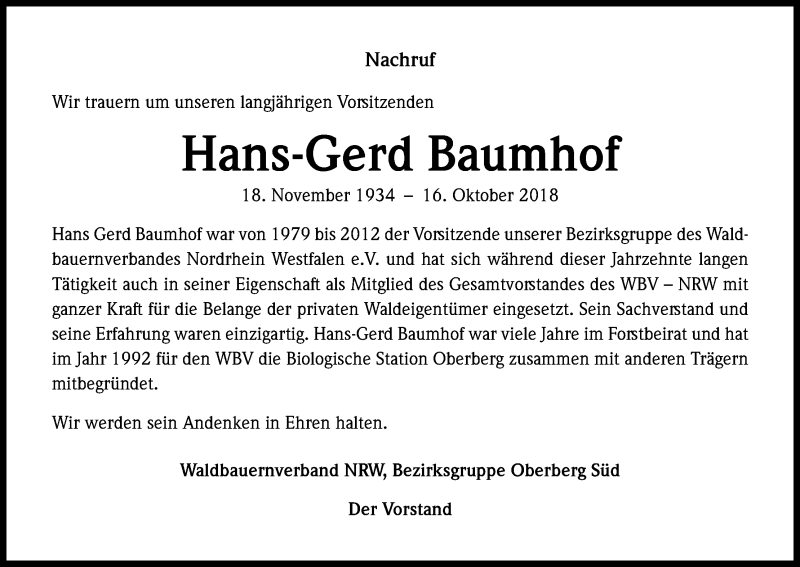  Traueranzeige für Hans-Gerd Baumhof vom 25.10.2018 aus Kölner Stadt-Anzeiger / Kölnische Rundschau / Express
