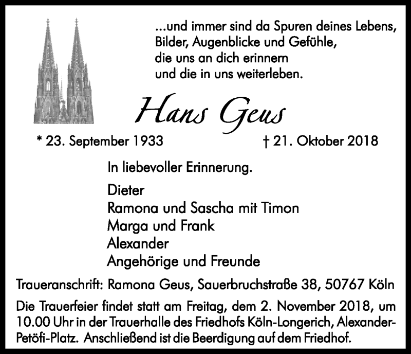  Traueranzeige für Hans Geus vom 27.10.2018 aus Kölner Stadt-Anzeiger / Kölnische Rundschau / Express
