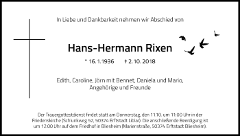 Anzeige von Hans-Hermann Rixen von Kölner Stadt-Anzeiger / Kölnische Rundschau / Express