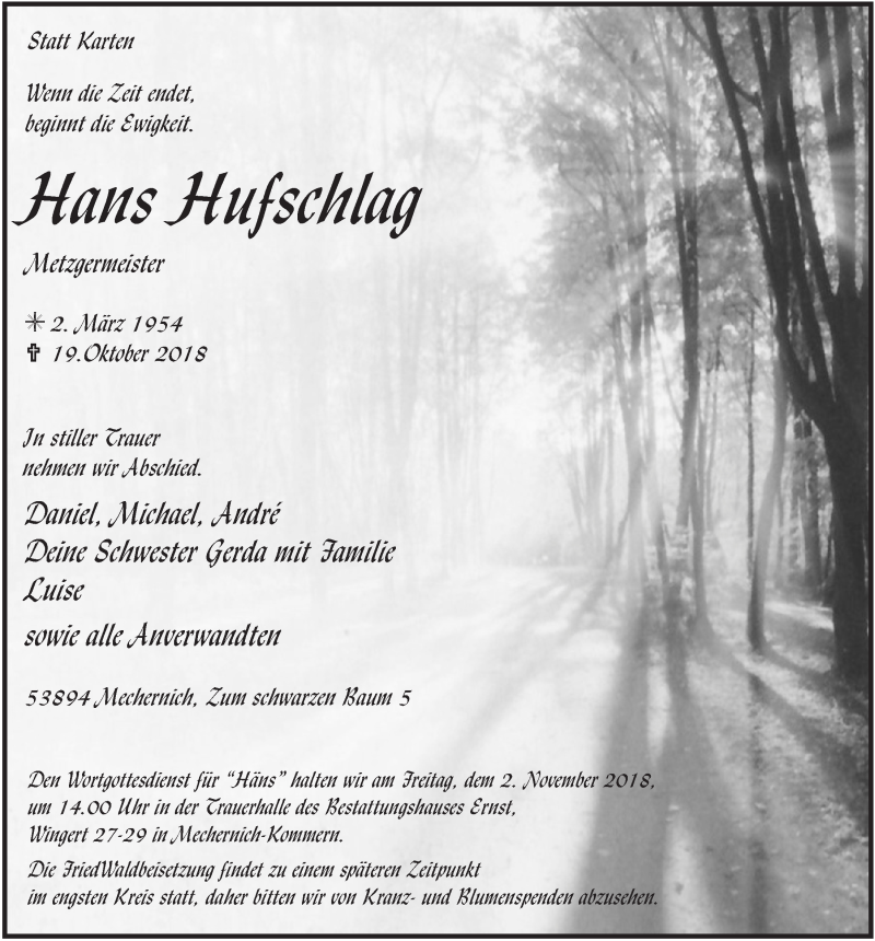  Traueranzeige für Hans Hufschlag vom 27.10.2018 aus  Blickpunkt Euskirchen 