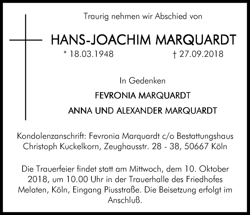  Traueranzeige für Hans-Joachim Marquardt vom 05.10.2018 aus Kölner Stadt-Anzeiger / Kölnische Rundschau / Express
