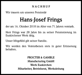 Anzeige von Hans-Josef Frings von Kölner Stadt-Anzeiger / Kölnische Rundschau / Express