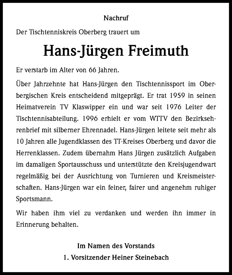  Traueranzeige für Hans-Jürgen Freimuth vom 06.10.2018 aus Kölner Stadt-Anzeiger / Kölnische Rundschau / Express