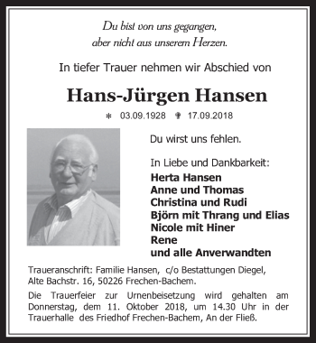 Anzeige von Hans-Jürgen Hansen von  Wochenende 