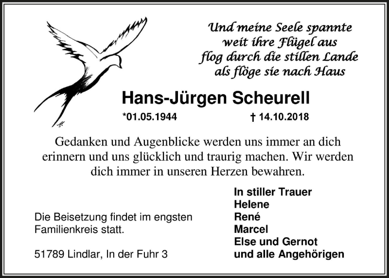  Traueranzeige für Hans-Jürgen Scheurell vom 24.10.2018 aus  Anzeigen Echo 