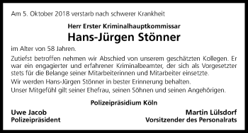 Anzeige von Hans-Jürgen Stönner von Kölner Stadt-Anzeiger / Kölnische Rundschau / Express