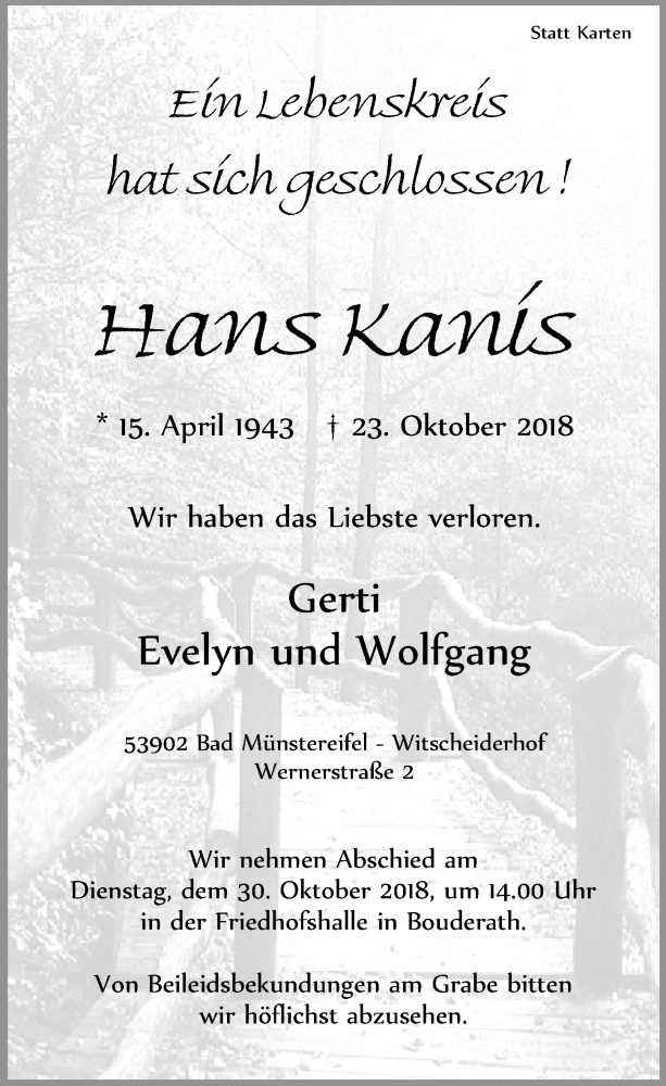 Traueranzeige für Hans Kanis vom 27.10.2018 aus  Blickpunkt Euskirchen 