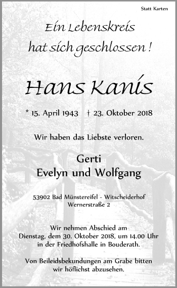 Anzeige von Hans Kanis von  Blickpunkt Euskirchen 