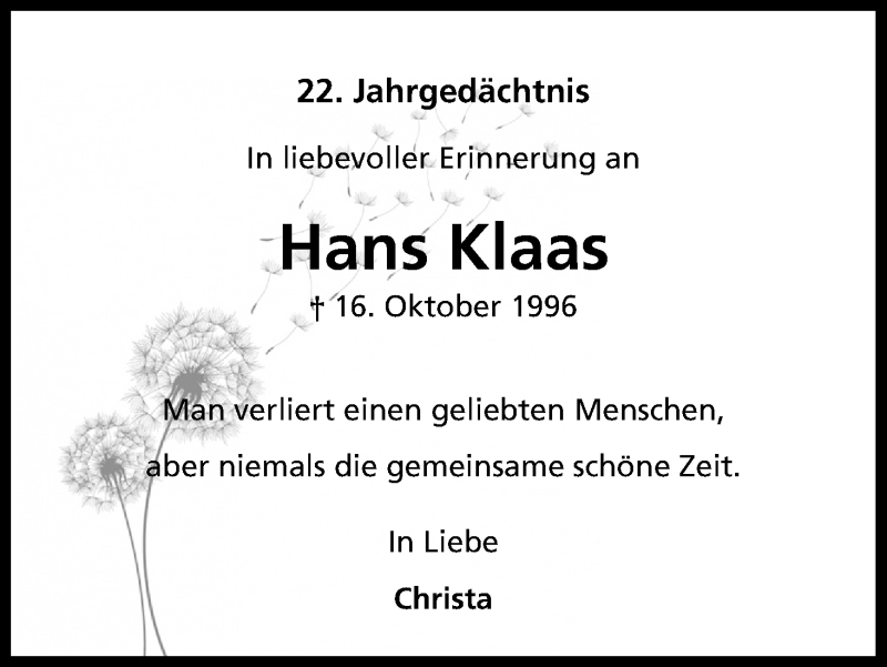  Traueranzeige für Hans Klaas vom 18.07.2023 aus Kölner Stadt-Anzeiger / Kölnische Rundschau / Express