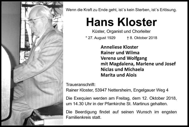  Traueranzeige für Hans Kloster vom 11.10.2018 aus Kölner Stadt-Anzeiger / Kölnische Rundschau / Express