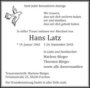 Anzeige von Hans Latz von  Sonntags-Post 