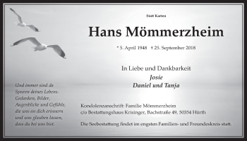 Anzeige von Hans Mömmerzheim von  Wochenende 