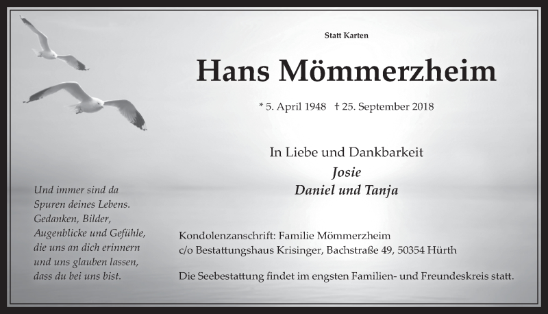  Traueranzeige für Hans Mömmerzheim vom 03.10.2018 aus  Wochenende 