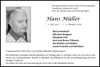Anzeige von Hans Müller von Kölner Stadt-Anzeiger / Kölnische Rundschau / Express