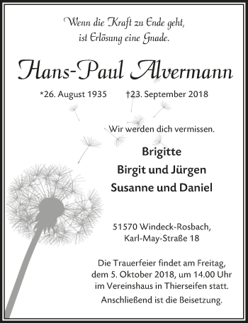 Anzeige von Hans-Paul Alvermann von  Lokalanzeiger 