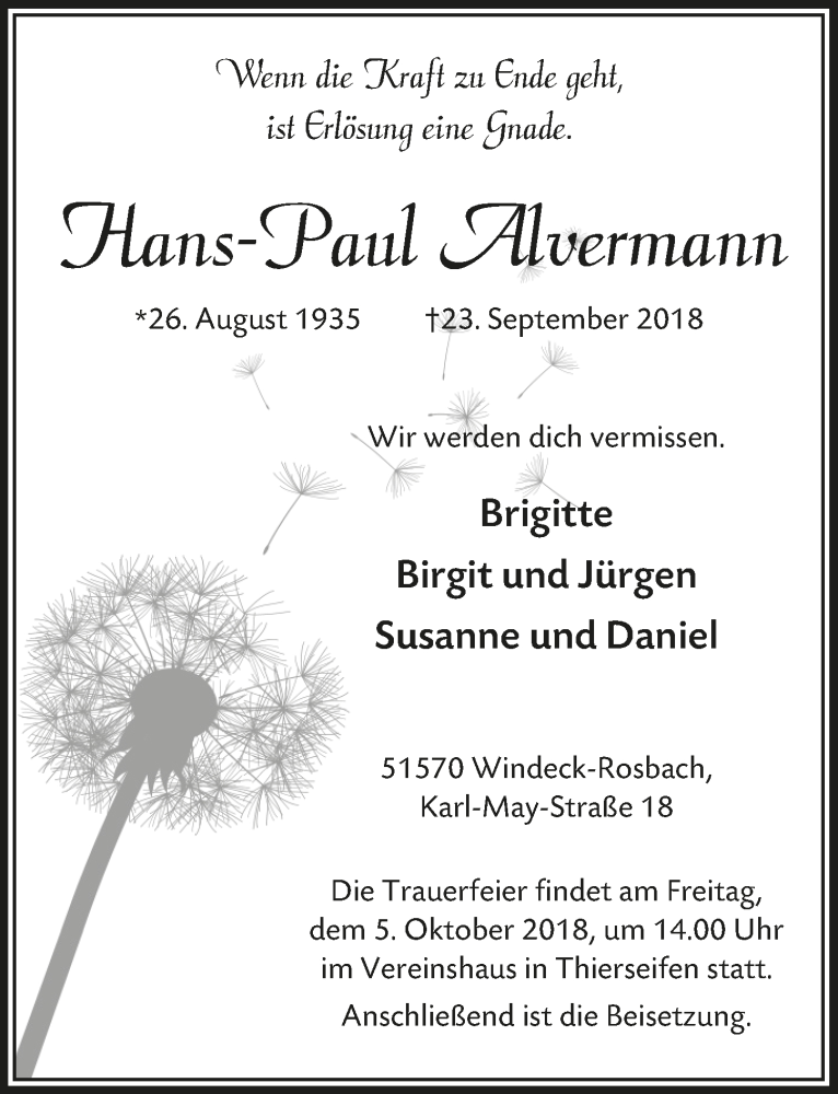  Traueranzeige für Hans-Paul Alvermann vom 03.10.2018 aus  Lokalanzeiger 