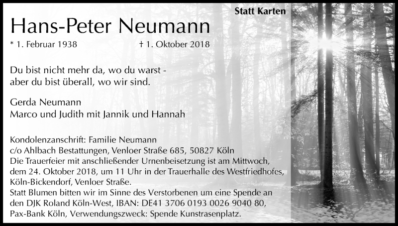  Traueranzeige für Hans-Peter Neumann vom 20.10.2018 aus Kölner Stadt-Anzeiger / Kölnische Rundschau / Express