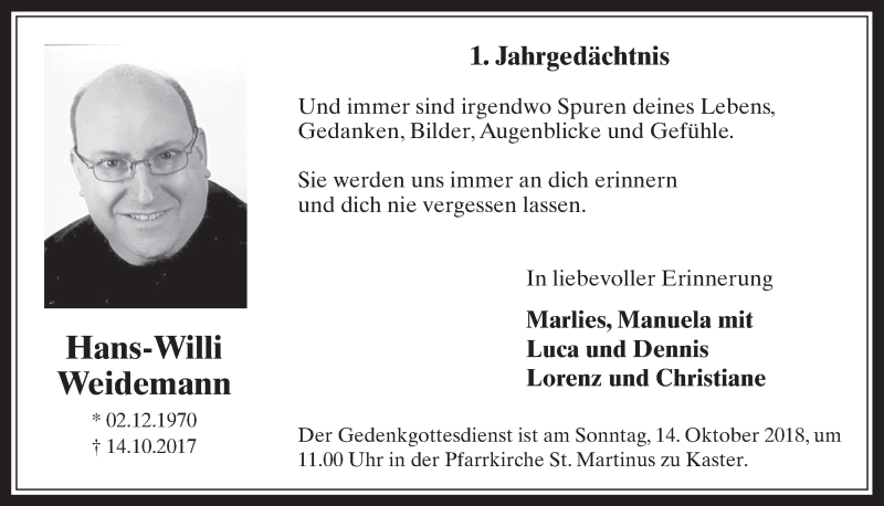  Traueranzeige für Hans-Willi Weidemann vom 10.10.2018 aus  Werbepost 
