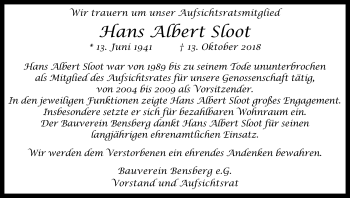 Anzeige von Hans Albert Sloot von Kölner Stadt-Anzeiger / Kölnische Rundschau / Express