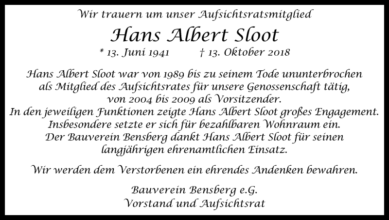  Traueranzeige für Hans Albert Sloot vom 20.10.2018 aus Kölner Stadt-Anzeiger / Kölnische Rundschau / Express