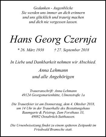 Anzeige von Hans Georg Czernja von Kölner Stadt-Anzeiger / Kölnische Rundschau / Express