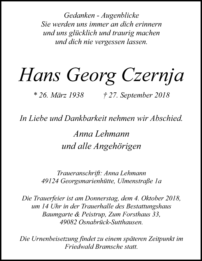  Traueranzeige für Hans Georg Czernja vom 02.10.2018 aus Kölner Stadt-Anzeiger / Kölnische Rundschau / Express