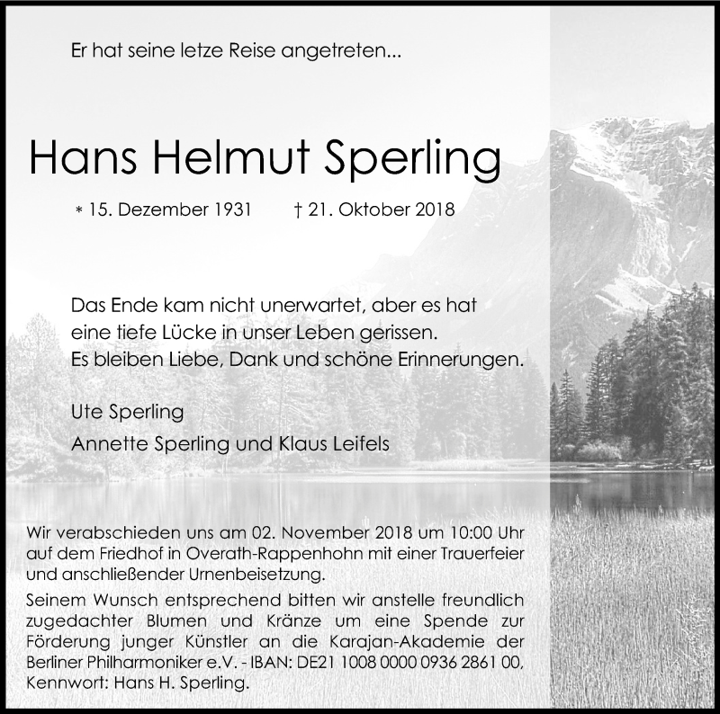  Traueranzeige für Hans Helmut Sperling vom 27.10.2018 aus Kölner Stadt-Anzeiger / Kölnische Rundschau / Express