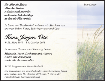 Anzeige von Hans Jürgen Vitz von Kölner Stadt-Anzeiger / Kölnische Rundschau / Express