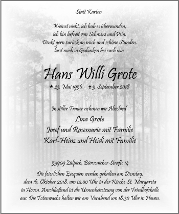Anzeige von Hans Willi Grote von  Blickpunkt Euskirchen 