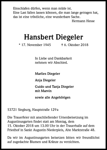 Anzeige von Hansbert Diegeler von Kölner Stadt-Anzeiger / Kölnische Rundschau / Express