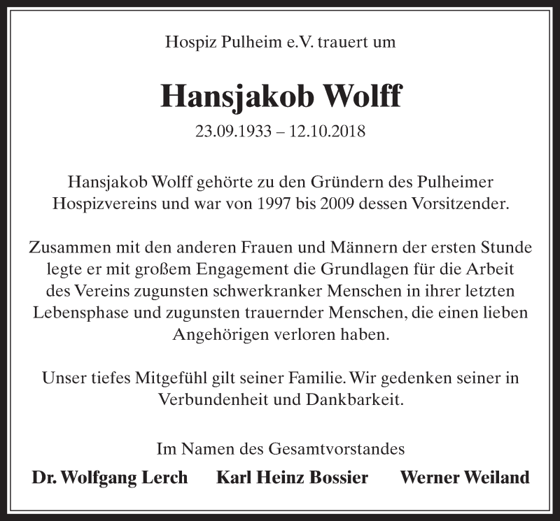  Traueranzeige für Hansjakob Wolff vom 24.10.2018 aus  Wochenende 