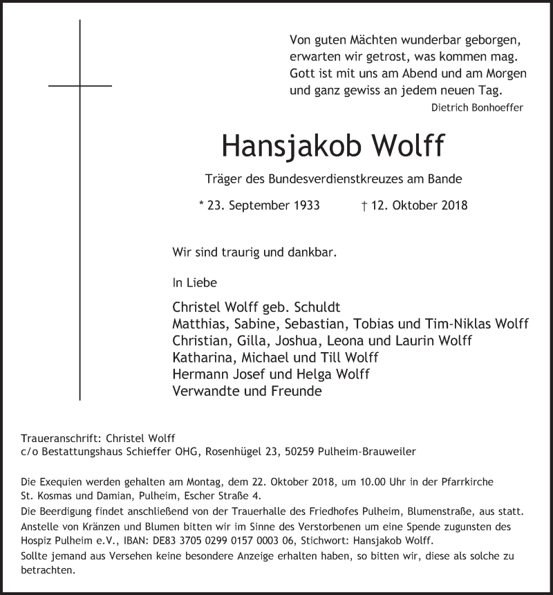  Traueranzeige für Hansjakob Wolff vom 17.10.2018 aus  Wochenende 