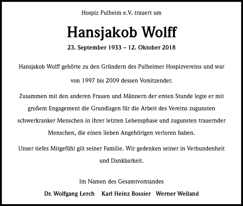  Traueranzeige für Hansjakob Wolff vom 20.10.2018 aus Kölner Stadt-Anzeiger / Kölnische Rundschau / Express