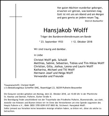 Anzeige von Hansjakob Wolff von Kölner Stadt-Anzeiger / Kölnische Rundschau / Express