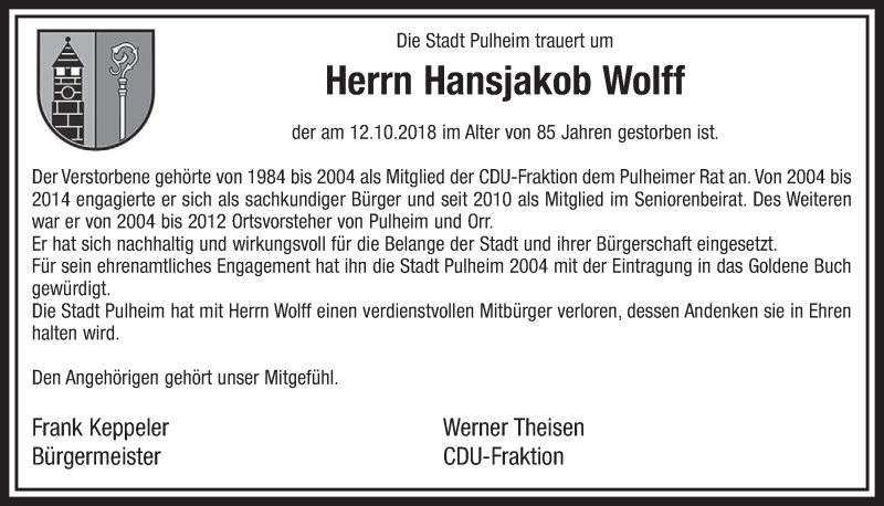  Traueranzeige für Hansjakob Wolff vom 20.10.2018 aus  Sonntags-Post 