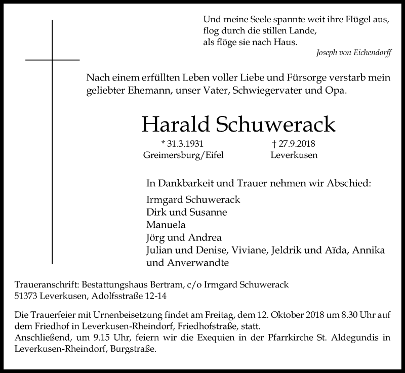  Traueranzeige für Harald Schuwerack vom 06.10.2018 aus Kölner Stadt-Anzeiger / Kölnische Rundschau / Express