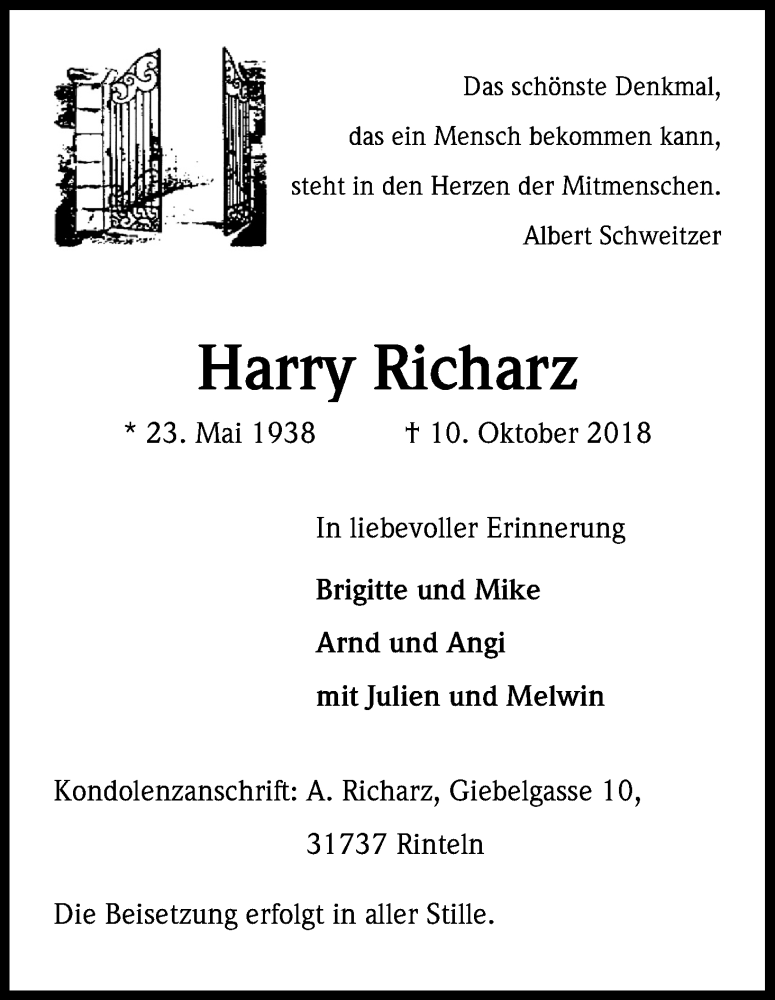  Traueranzeige für Harry Richarz vom 13.10.2018 aus Kölner Stadt-Anzeiger / Kölnische Rundschau / Express