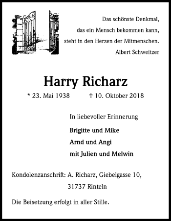 Anzeige von Harry Richarz von Kölner Stadt-Anzeiger / Kölnische Rundschau / Express
