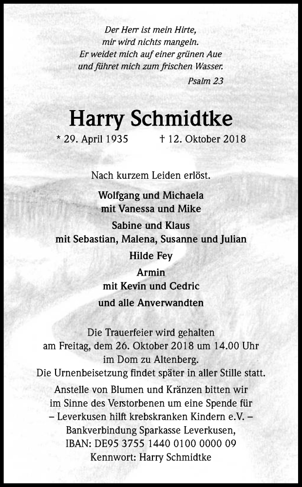  Traueranzeige für Harry Schmidtke vom 20.10.2018 aus Kölner Stadt-Anzeiger / Kölnische Rundschau / Express