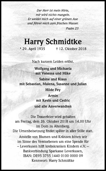 Anzeige von Harry Schmidtke von Kölner Stadt-Anzeiger / Kölnische Rundschau / Express