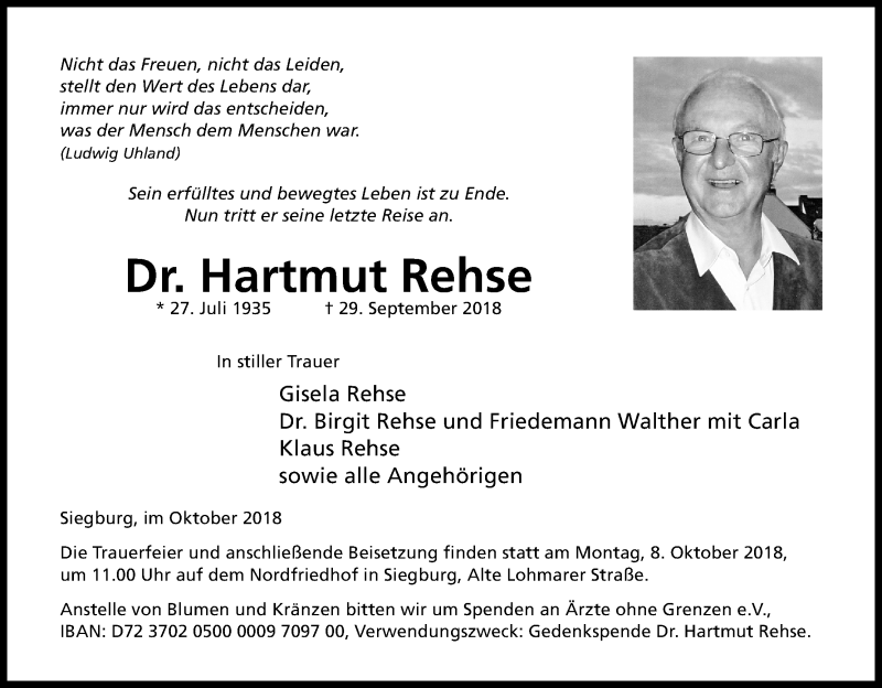  Traueranzeige für Hartmut Rehse vom 03.10.2018 aus Kölner Stadt-Anzeiger / Kölnische Rundschau / Express