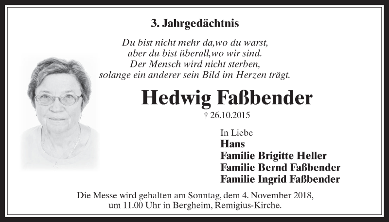  Traueranzeige für Hedwig Faßbender vom 31.10.2018 aus  Werbepost 