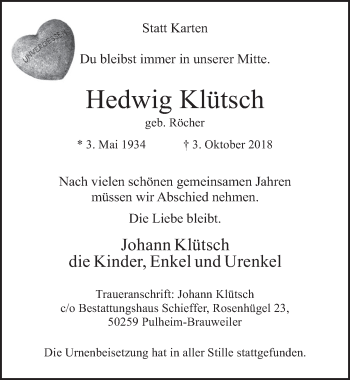 Anzeige von Hedwig Klütsch von  Werbepost 