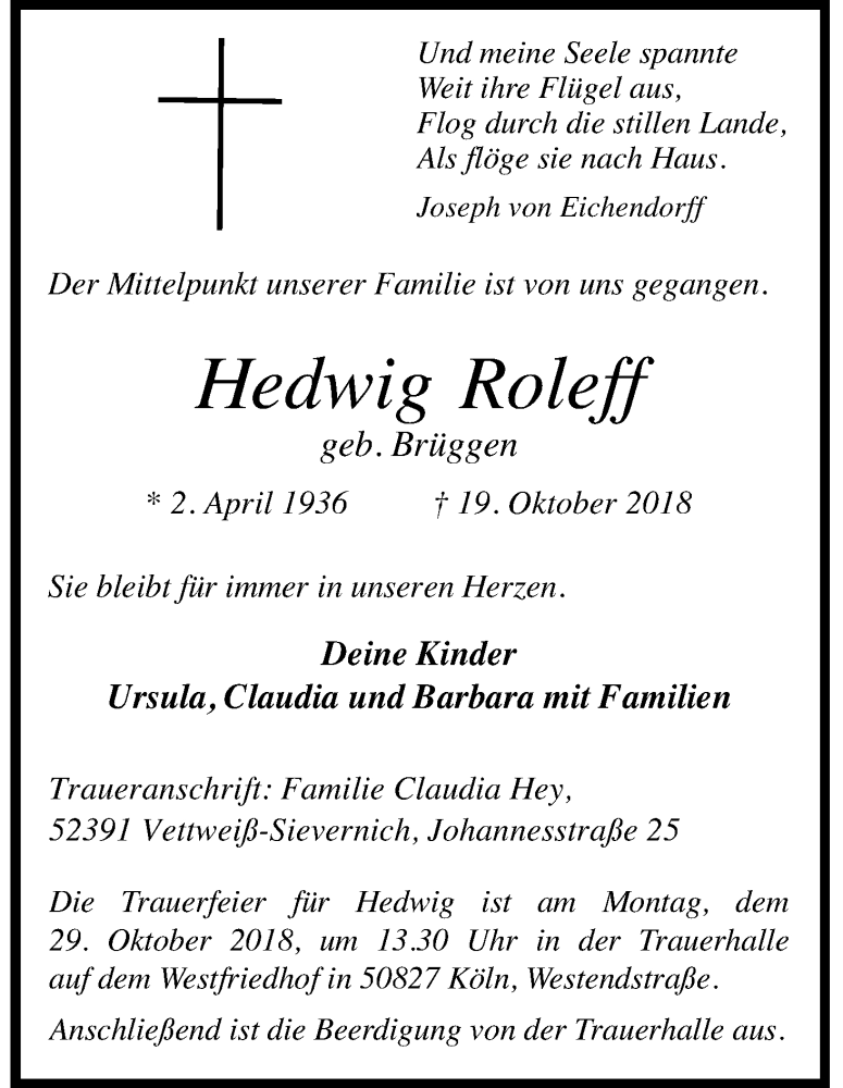  Traueranzeige für Hedwig Roleff vom 24.10.2018 aus Kölner Stadt-Anzeiger / Kölnische Rundschau / Express