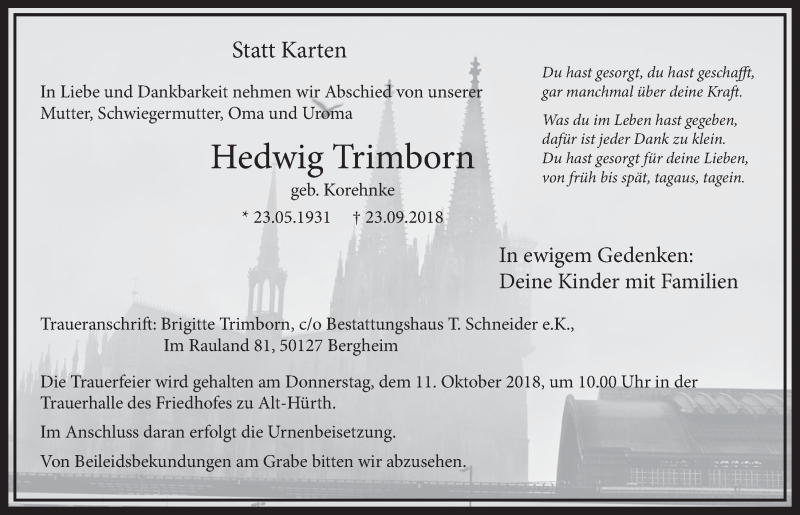  Traueranzeige für Hedwig Trimborn vom 06.10.2018 aus  Sonntags-Post 