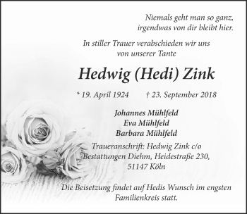Anzeige von Hedwig Zink von  Kölner Wochenspiegel 