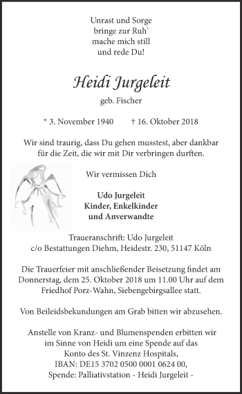 Anzeige von Heidi Jurgeleit von  Kölner Wochenspiegel 