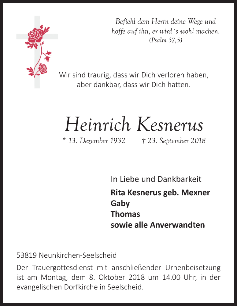  Traueranzeige für Heinrich Kesnerus vom 03.10.2018 aus Kölner Stadt-Anzeiger / Kölnische Rundschau / Express