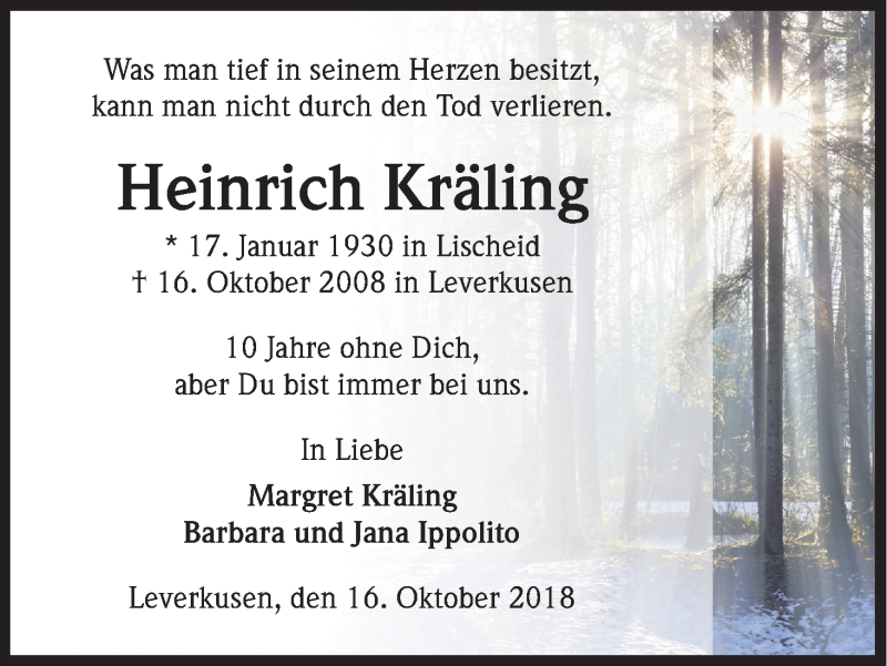  Traueranzeige für Heinrich Kräling vom 16.10.2018 aus Kölner Stadt-Anzeiger / Kölnische Rundschau / Express