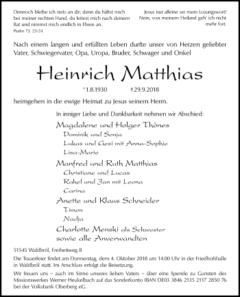 Anzeige von Heinrich Matthias von Kölner Stadt-Anzeiger / Kölnische Rundschau / Express